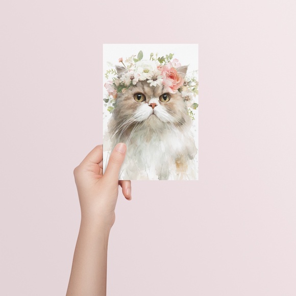 Watercolor Ragdoll Cat with Flower Crown Wall Art Print Unframed - Picture 5 of 7